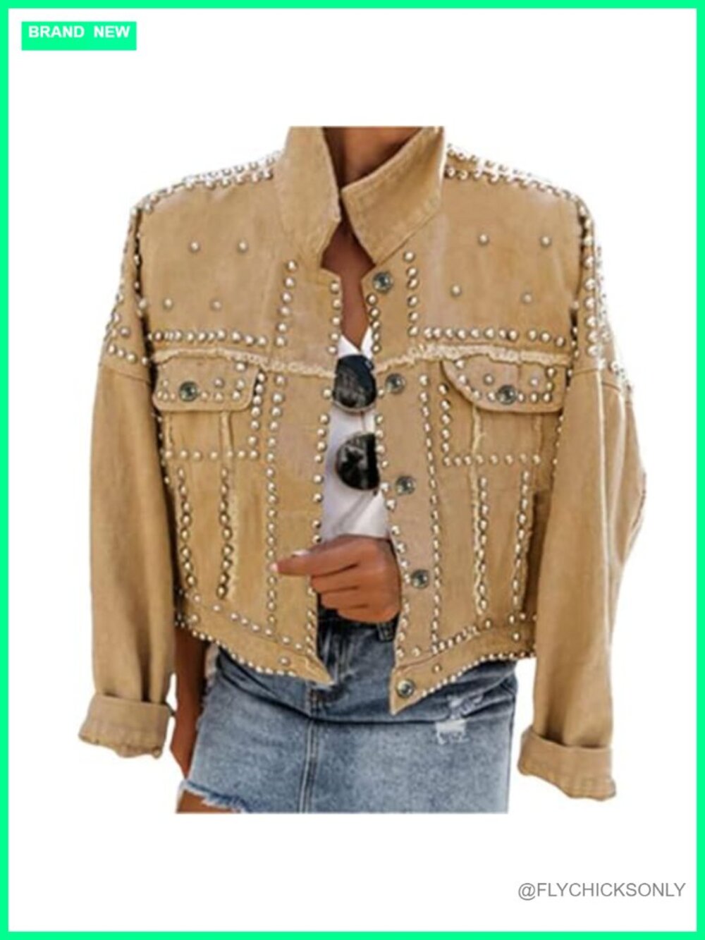 Studded Cropped Denim Jacket Rhinestone Pearl Beaded Trucker